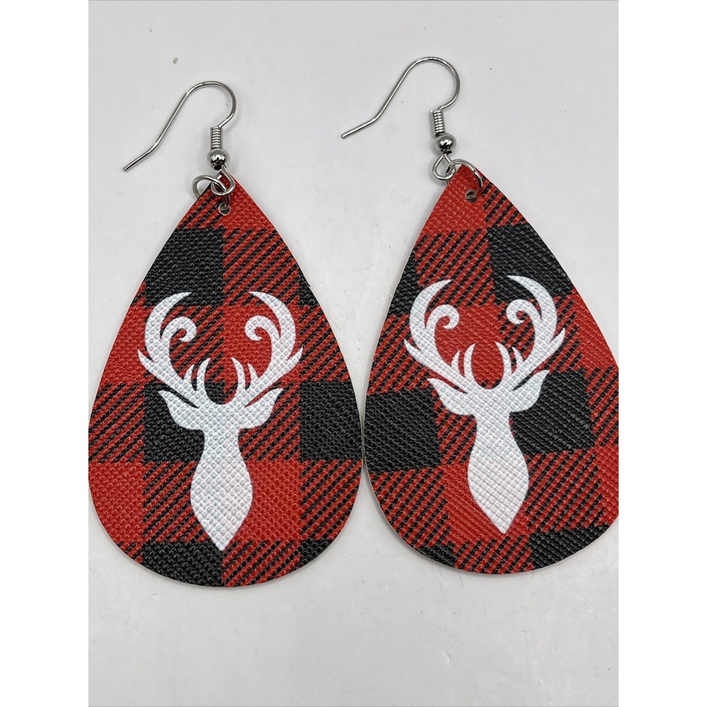 Earrings Deer Buck Red Black Plaid Christmas Holiday 2" Faux Leather Teardrop